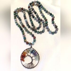 Natural Gemstone Wire Wrapped Tree of Life Long Pendant Necklace Agate Beads 48"